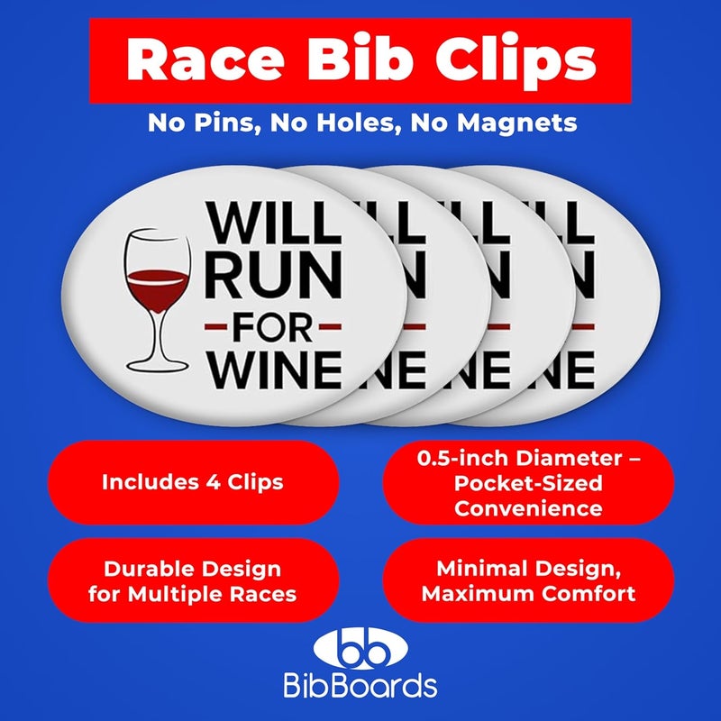 BibBoards مشابك رقم السباق bibSNAPS - مشابك أمان - تأمين أرقام الجري، الماراثون، ركوب الدراجات، والفعاليات، غير مغناطيسية، سهلة الاستخدام وقابلة لإعادة الاستخدام، بديل للدبابيس والمغناطيس - سأركض من أجل النبيذ (4 قطع) - Image 2